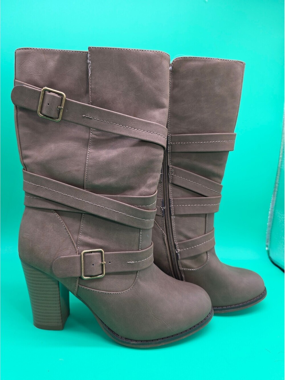 Apt. 9 Women's Mid Calf Buckle Boots Taupe Size 9M Block Heel Side Zip